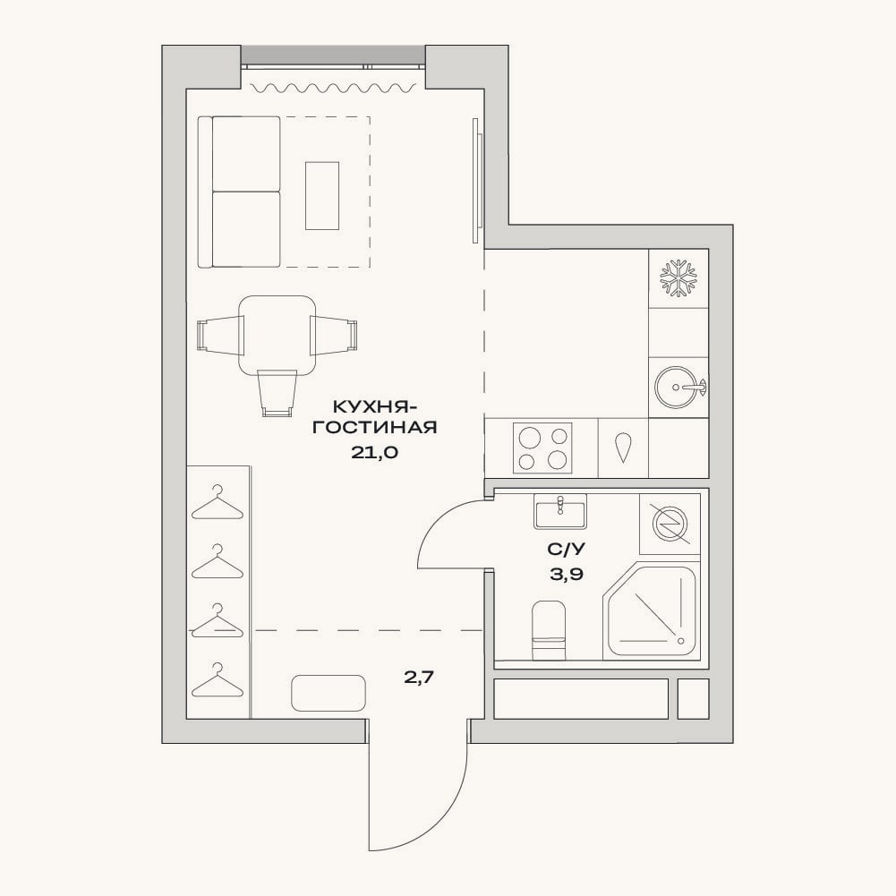 Планировка: Студия, 27,6 м²