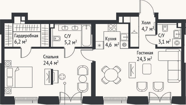 Планировка: 2-к, 72,4 м²