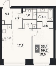 Планировка: 2-к, 59,2 м²