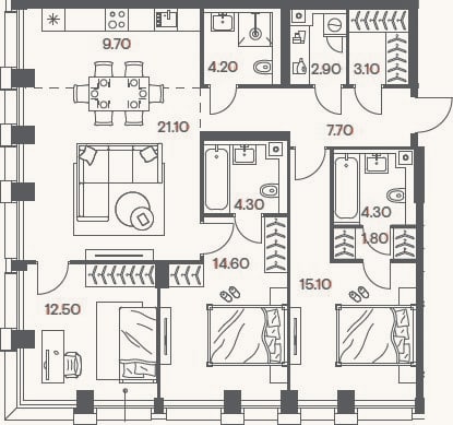 Планировка: 4+ к, 101,3 м²