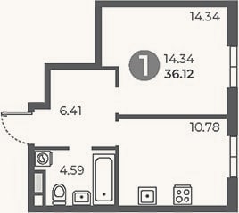 Планировка: 1-к, 36,1 м²