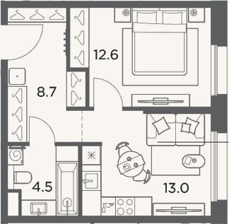 Планировка: 1-к, 38,8 м²