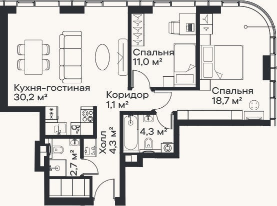 Планировка: 3-к, 72,3 м²