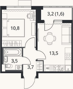 Планировка: 1-к, 31,5 м²