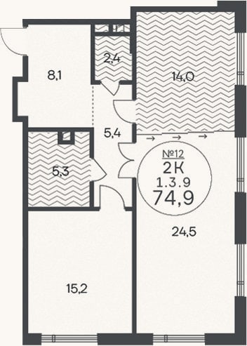 Планировка: 2-к, 74,9 м²