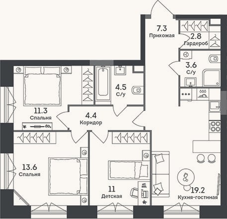Планировка: 4+ к, 77,7 м²