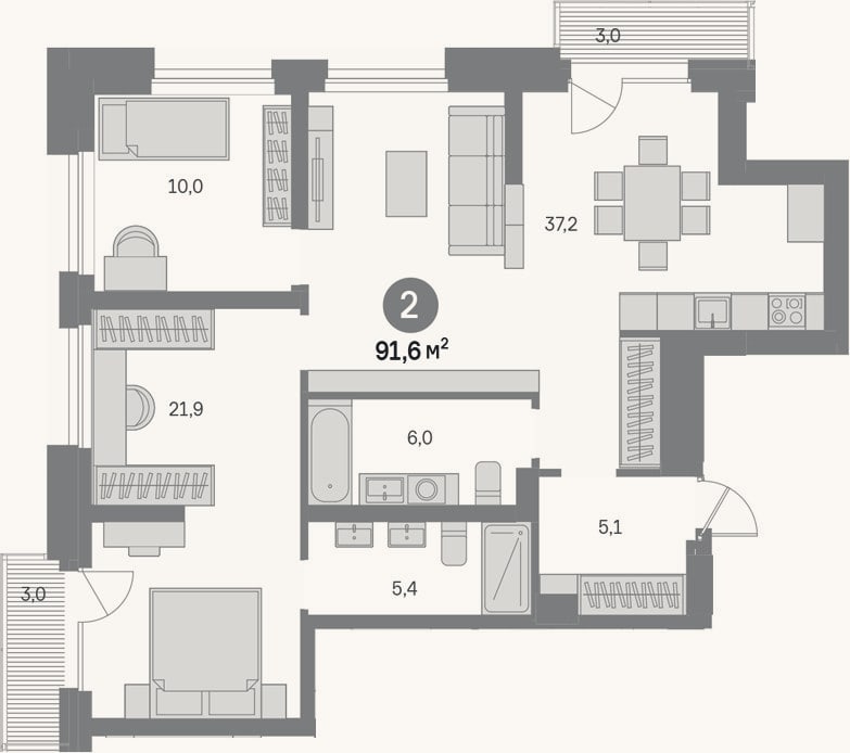 Планировка: 2-к, 85,6 м²