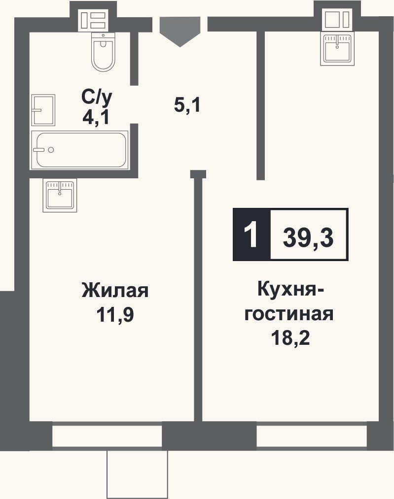 Планировка: 2-к, 39,3 м²