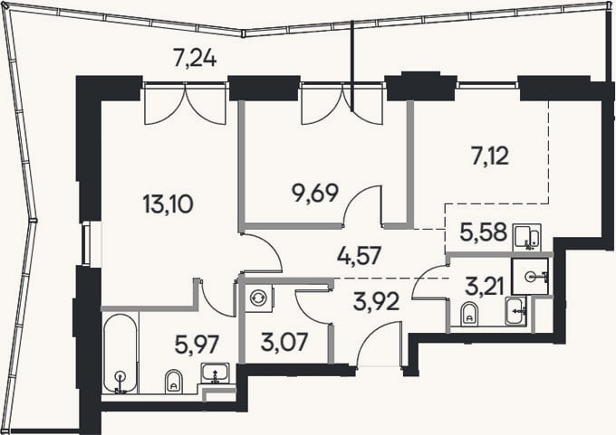 Планировка: 3-к, 58,1 м²