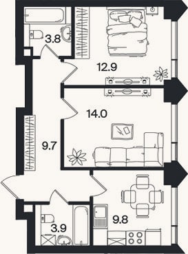 Планировка: 2-к, 54,1 м²