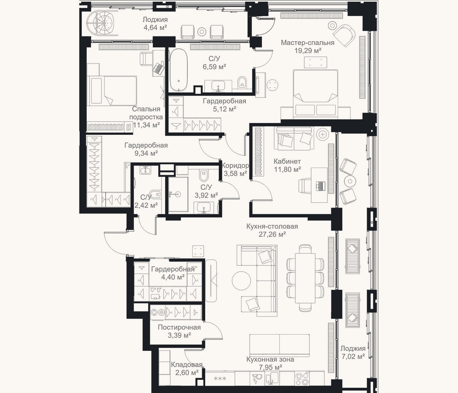 Планировка: 3-к, 123,7 м²