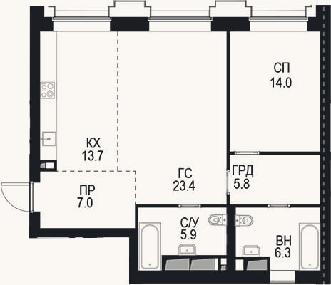 Планировка: 2-к, 77,8 м²