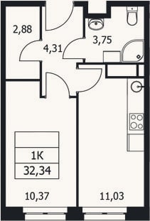 Планировка: 1-к, 32,3 м²