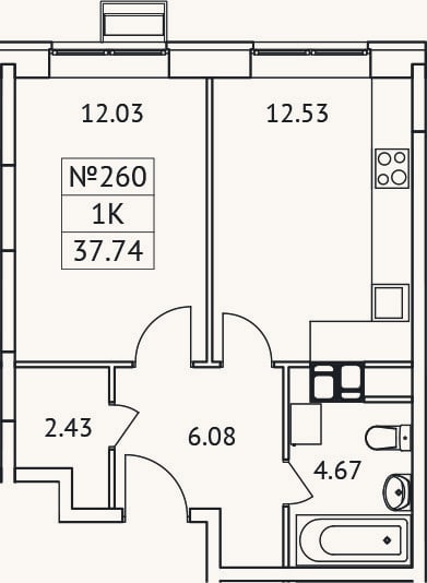 Планировка: 1-к, 37,7 м²