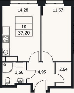 Планировка: 1-к, 37,2 м²