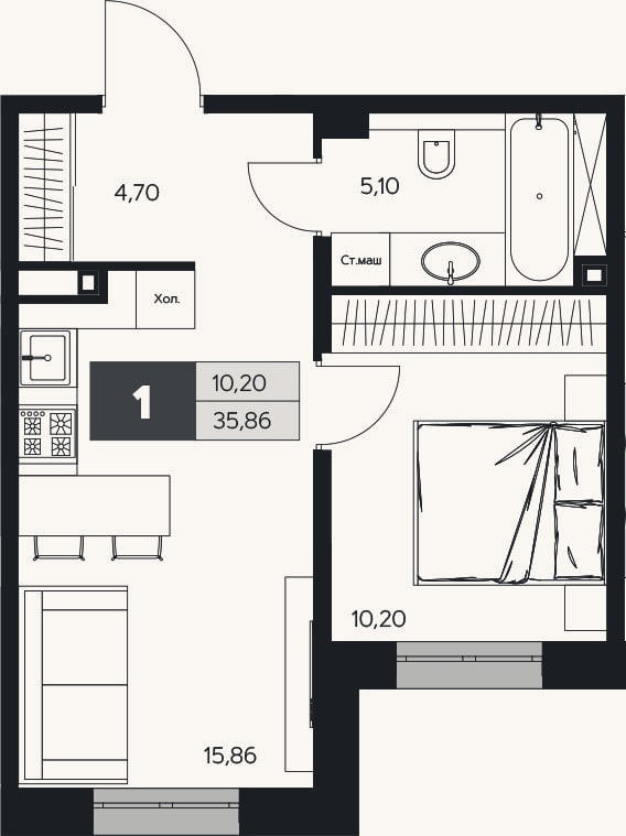 Планировка: 1-к, 35,9 м²