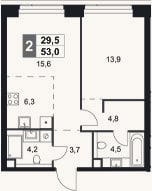 Планировка: 2-к, 53 м²