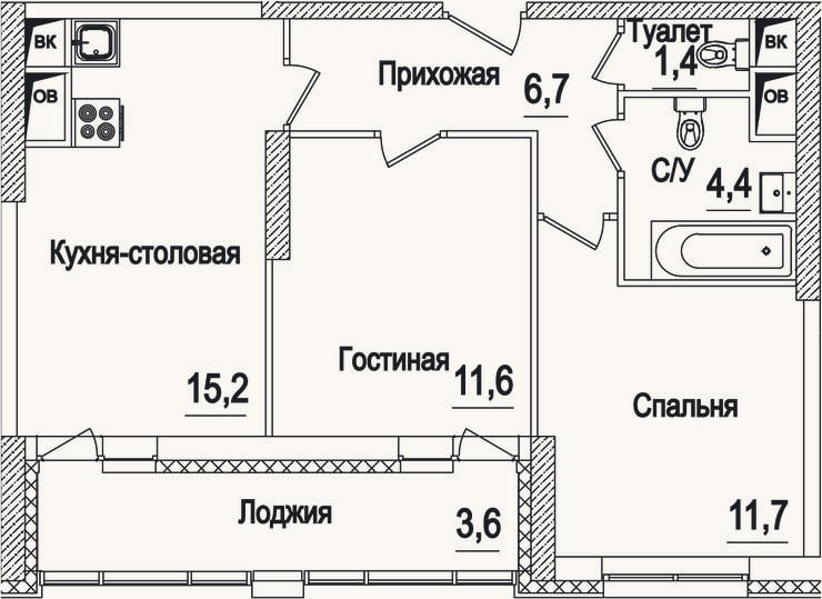 Планировка: 3-к, 51 м²