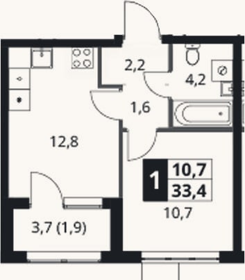 Планировка: 1-к, 31,5 м²