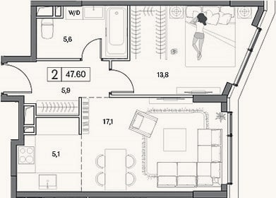 Планировка: 2-к, 47,6 м²