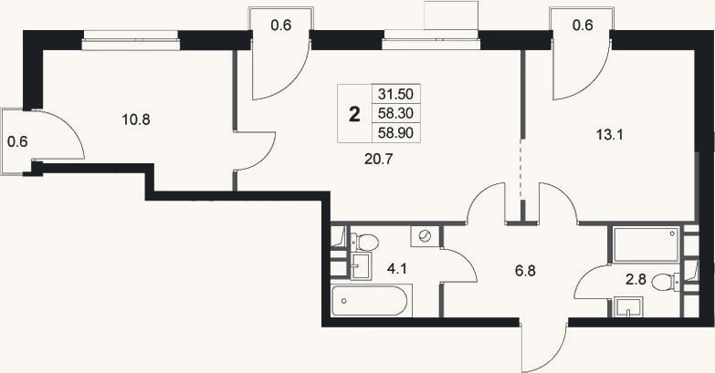 Планировка: 2-к, 58,3 м²