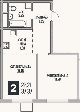 Планировка: 2-к, 37,4 м²