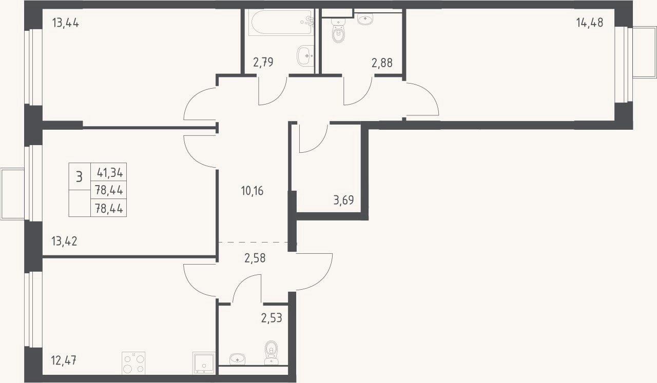 Планировка: 3-к, 78,4 м²
