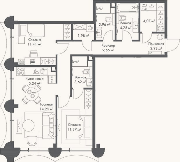 Планировка: 3-к, 73,3 м²