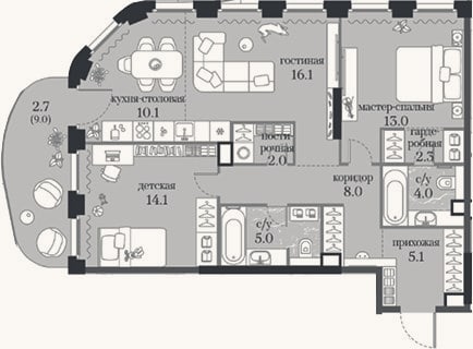 Планировка: 2-к, 79,7 м²