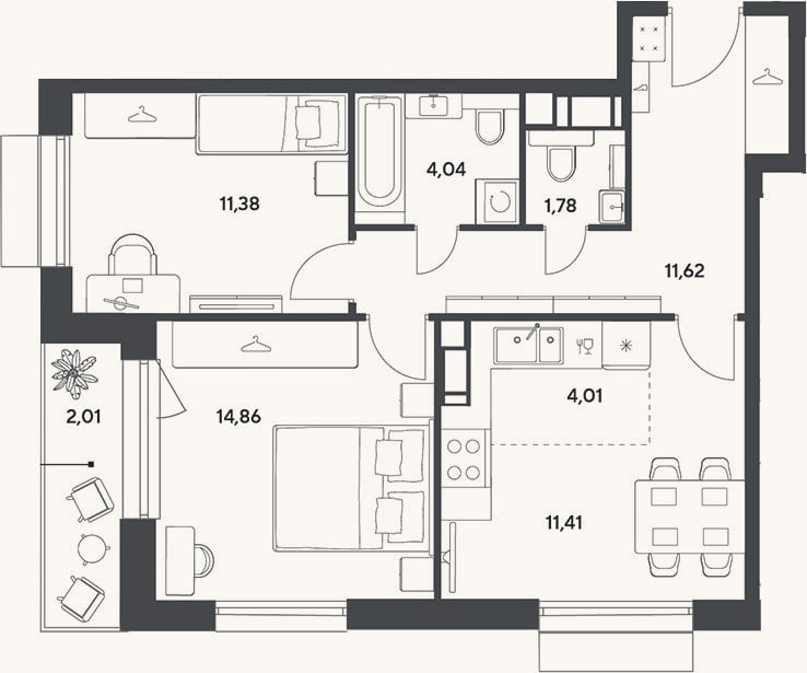 Планировка: 3-к, 59,1 м²