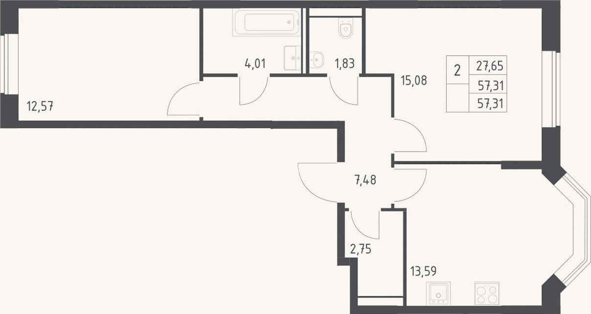 Планировка: 2-к, 57,3 м²