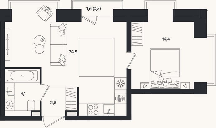 Планировка: 2-к, 45,5 м²