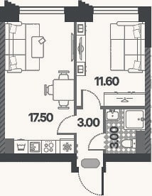 Планировка: 2-к, 36,9 м²