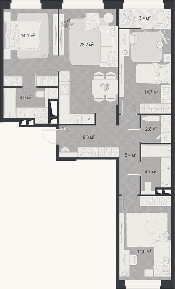 Планировка: 4+ к, 89,7 м²
