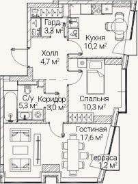 Планировка: 2-к, 54,4 м²