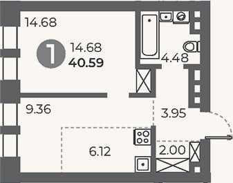 Планировка: 1-к, 40,6 м²