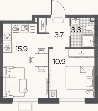Планировка: 2-к, 33,8 м²