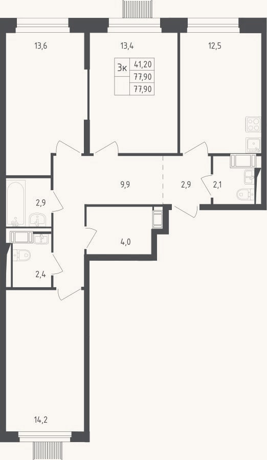 Планировка: 3-к, 77,9 м²