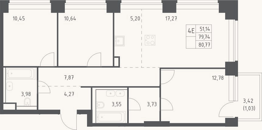 Планировка: 4+ к, 79,7 м²