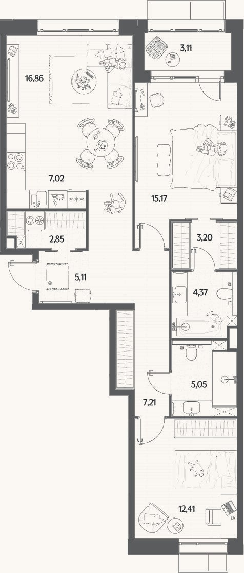 Планировка: 3-к, 79,3 м²