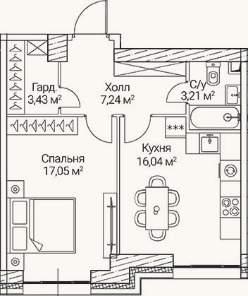 Планировка: 1-к, 47 м²