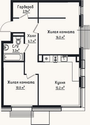 Планировка: 2-к, 54 м²