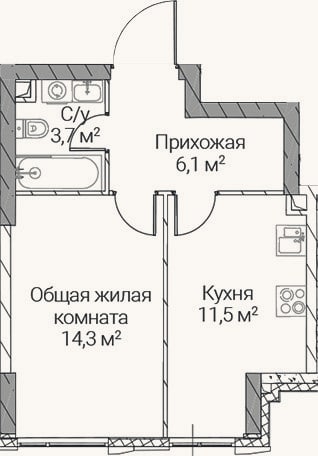 Планировка: 1-к, 35,6 м²