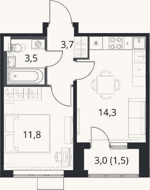 Планировка: 1-к, 33,3 м²