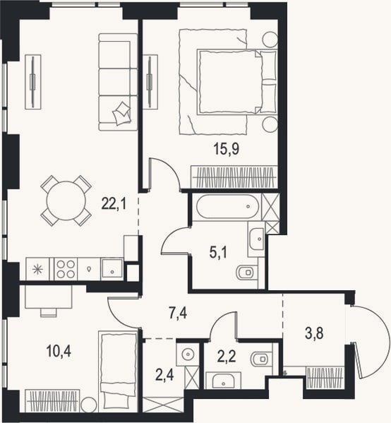 Планировка: 3-к, 69,3 м²