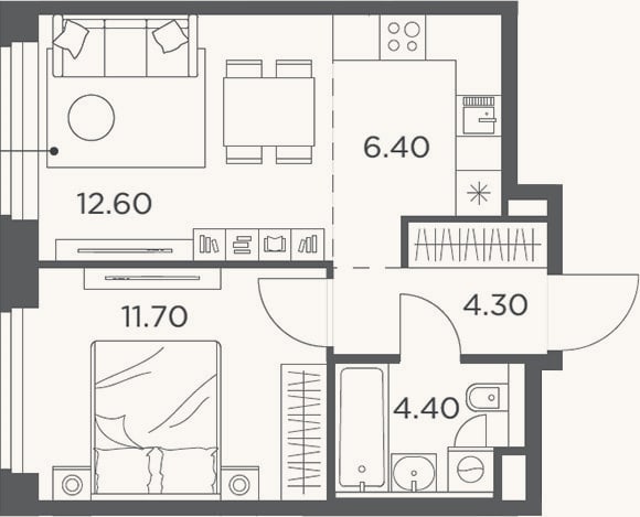 Планировка: 2-к, 39,4 м²