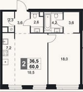 Планировка: 2-к, 60 м²