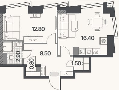 Планировка: 2-к, 42,9 м²