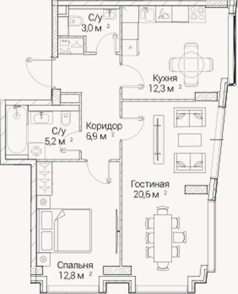 Планировка: 2-к, 60,6 м²