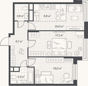 Планировка: 3-к, 62,6 м²